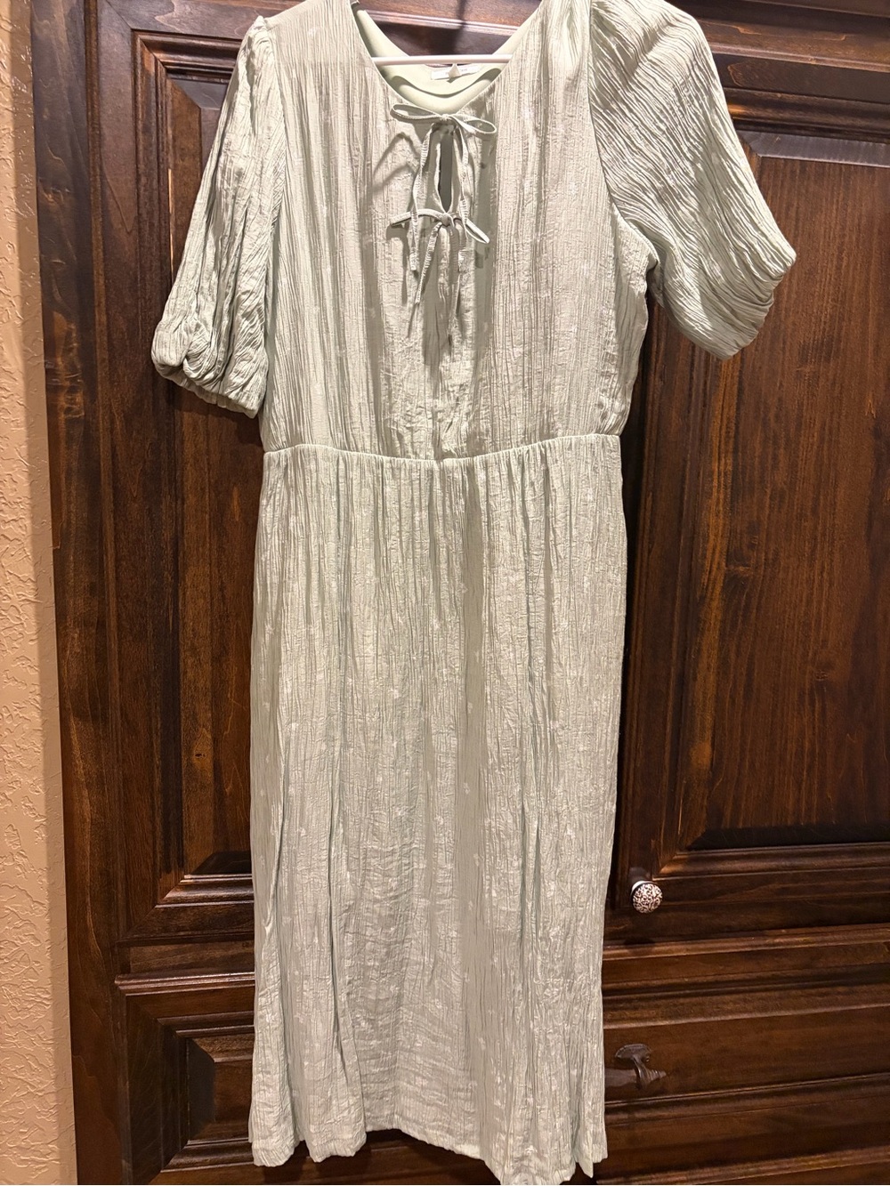 Maurices Light Sage Crinkle Midi Dress with Tie Neck